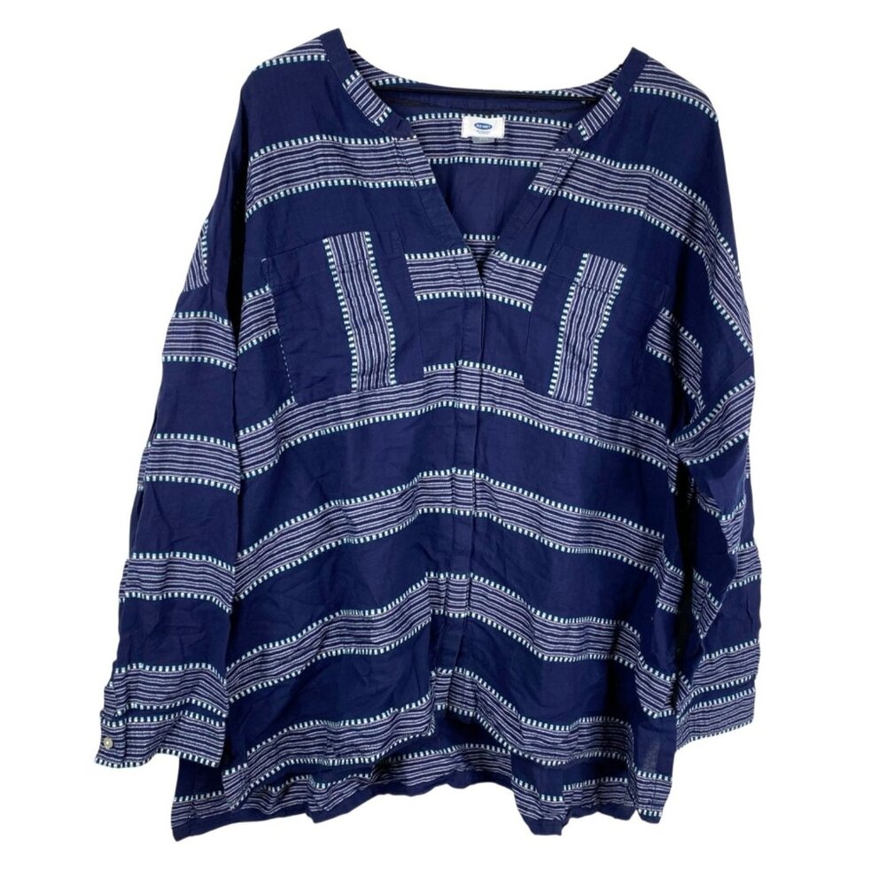 Old Navy Top Women's Blue Sz XXL Stripes Button Up Tunic Coastal Beachy Boho
